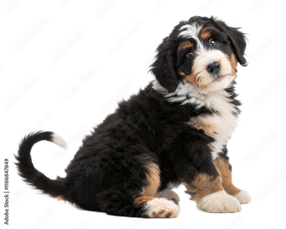 Bernedoodle puppy isolated on white background. Bernedoodle puppy sitting and looking at camera on white background Bernedoodle puppy isolated on white background. Bernedoodle puppy sitting and looking at camera on white background