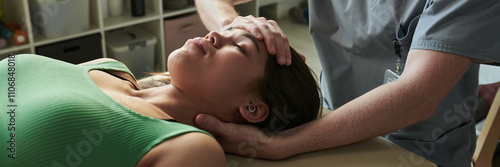 фотографія Female patient receiving treatment from professional chiropractor lying on examination table