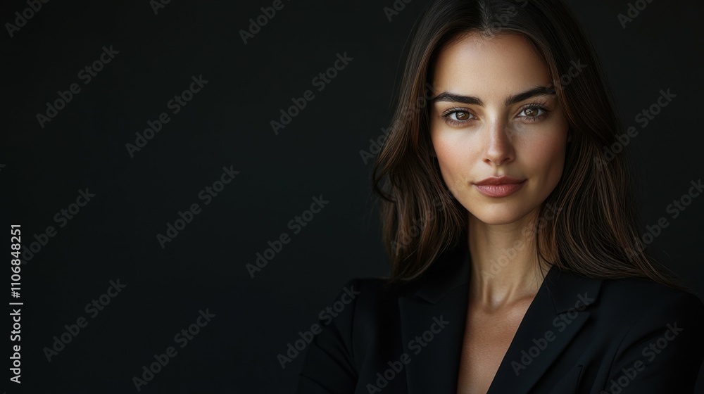 Young professional woman with confident expression, dark background, high detail, business and success concept, minimalist style Young professional woman with confident expression, dark background, high detail, business and success concept, minimalist style