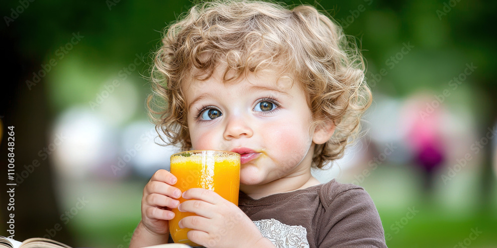 Getting the kids ready for school concept, Cute child with curly hair enjoying a glass of orange juice in a sunny outdoor setting. Getting the kids ready for school concept, Cute child with curly hair enjoying a glass of orange juice in a sunny outdoor setting.