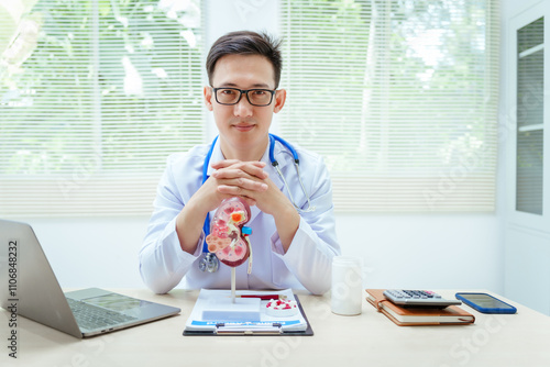 Billede på lærred A male doctor sits at a desk in a hospital, explaining kidney models and symptoms of kidney disease, focusing on acute and chronic renal failure