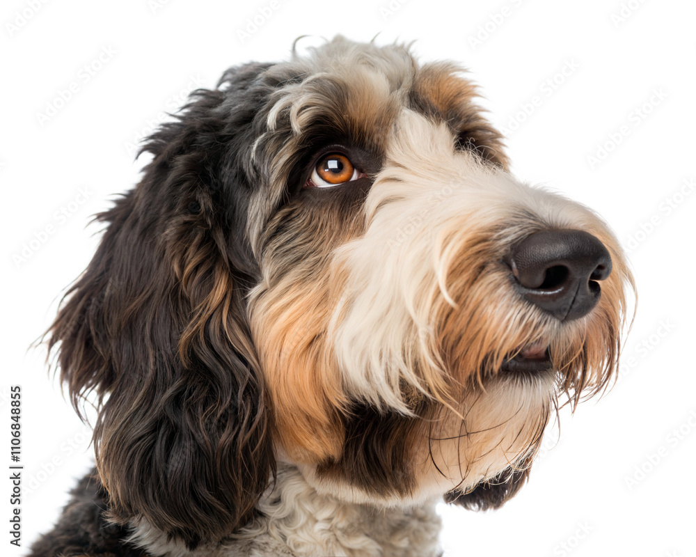 Bernedoodle dog portrait isolated on white background. Bernedoodle headshot on white background Bernedoodle dog portrait isolated on white background. Bernedoodle headshot on white background