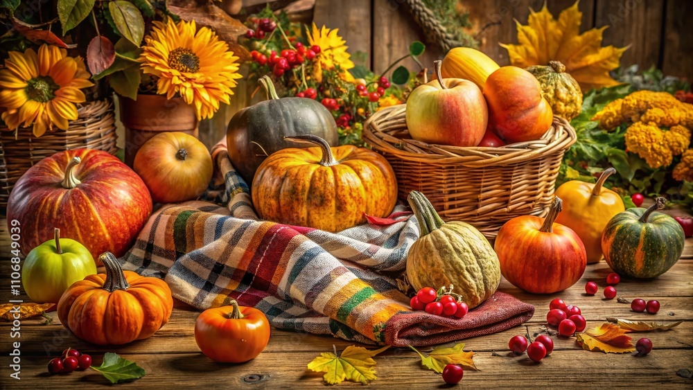 Cozy Fall Harvest Still Life on Rustic Tablecloth Featuring Seasonal Fruits, Vegetables, and Natural Elements for Warm Autumn Aesthetic and Homely Vibes Cozy Fall Harvest Still Life on Rustic Tablecloth Featuring Seasonal Fruits, Vegetables, and Natural Elements for Warm Autumn Aesthetic and Homely Vibes