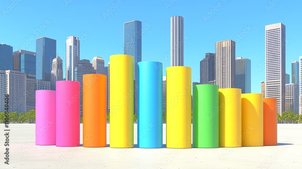 Colorful Bar Graph in Front of a Modern City Skyline Colorful Bar Graph in Front of a Modern City Skyline
