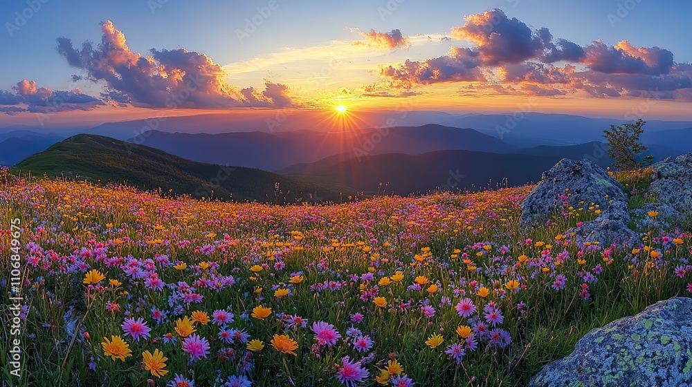 A panoramic view showcases misty mountains at sunrise, with colorful wildflowers blooming in the foreground and rays of light piercing through the clouds A panoramic view showcases misty mountains at sunrise, with colorful wildflowers blooming in the foreground and rays of light piercing through the clouds