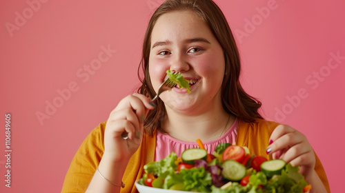 Smiling Woman Enjoying a Fresh and Colorful Salad in a Vibrant Setting

