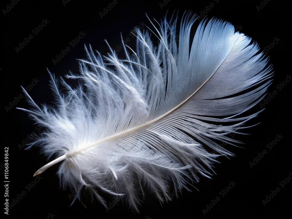 Obraz premium Soft Fluffy White Down Feather on Black Background - Low Light Photography, Close-Up, Textured, Minimalist, Macro Shot, Elegant, Softness