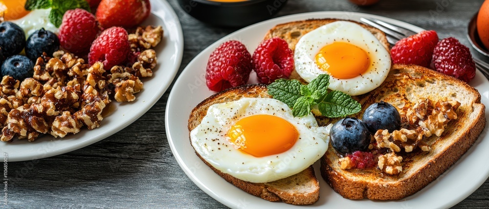 Getting the kids ready for school concept, A colorful breakfast featuring sunny-side-up eggs on toast, accompanied by fresh berries and granola. Getting the kids ready for school concept, A colorful breakfast featuring sunny-side-up eggs on toast, accompanied by fresh berries and granola.