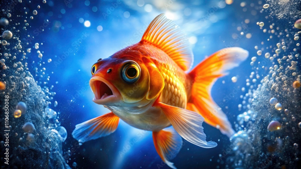 Startled Goldfish Underwater Silhouette - Captivating Moment of Surprise with Sparkling Effects Startled Goldfish Underwater Silhouette - Captivating Moment of Surprise with Sparkling Effects