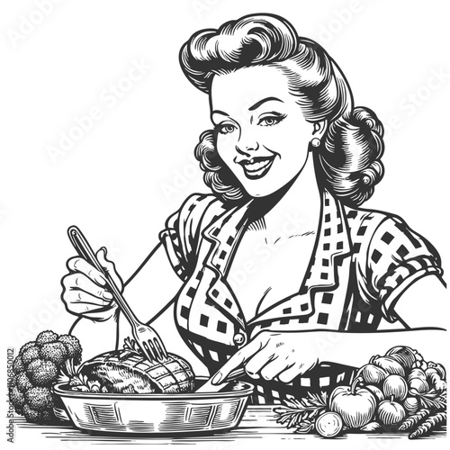 smiling woman carving a roast on table, surrounded by fresh vegetables and herbs sketch engraving generative ai fictional character vector illustration. Scratch board imitation. Black and white image.