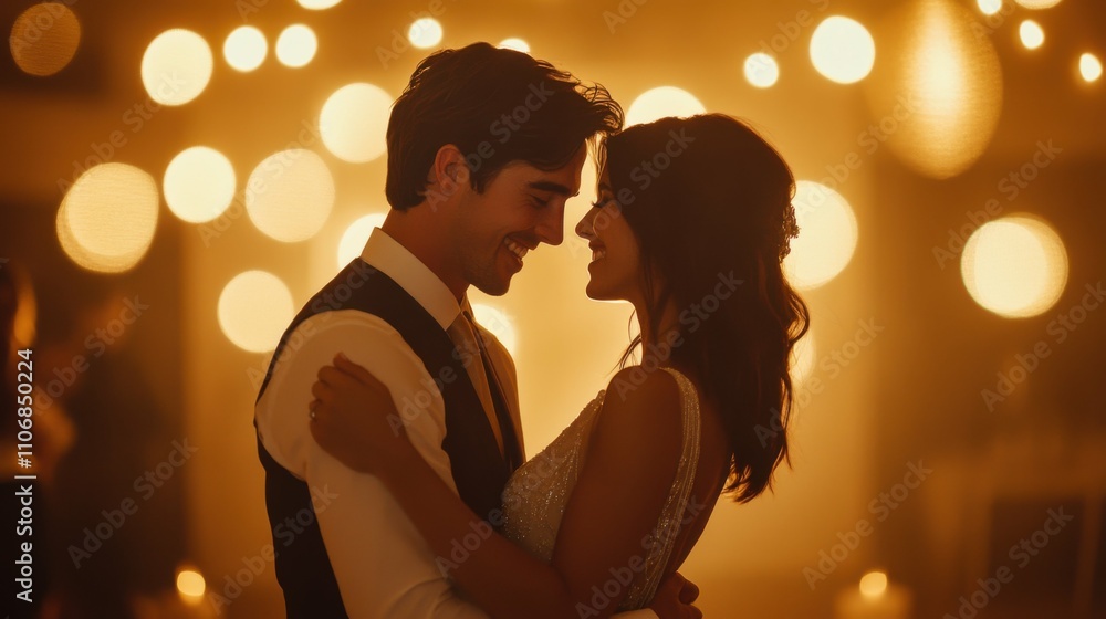 Newlywed couple sharing their first dance under soft golden lights, intimate wedding reception, love, happiness, joy, concept of everlasting romance, warm lighting Newlywed couple sharing their first dance under soft golden lights, intimate wedding reception, love, happiness, joy, concept of everlasting romance, warm lighting