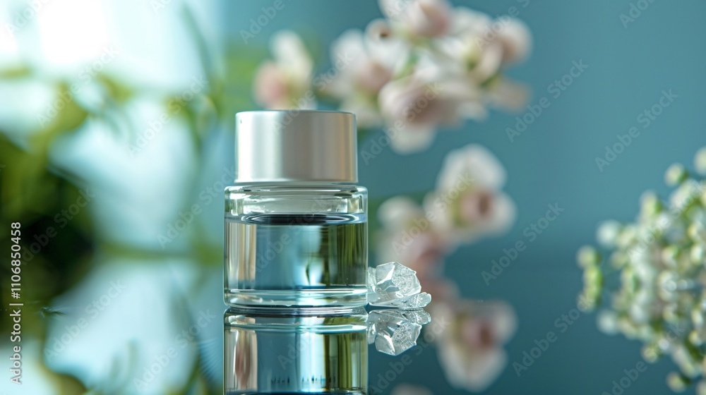 Elegant floral arrangement with delicate white flowers displayed in a clear glass bottle creating a serene and decorative natural scene for interior design Elegant floral arrangement with delicate white flowers displayed in a clear glass bottle creating a serene and decorative natural scene for interior design