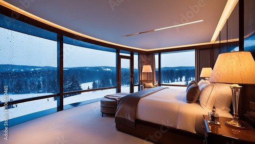 Wallpaper Mural Experience the epitome of luxury in this opulent, high-end bedroom featuring breathtaking panoramic views of a snowy landscape under a gentle rainfall. Captured in ultra-high-definition 8K. Torontodigital.ca