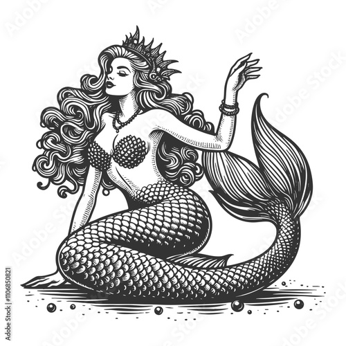 mermaid, with flowing hair and seashell top, exuding classic retro fantasy charm sketch engraving generative ai fictional character vector illustration. Scratch board imitation. Black and white image.
