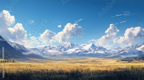 Serene mountain landscape with wide-open plains under a blue sky, wispy clouds and distant snow-capped peaks, peaceful and vast, untouched wilderness