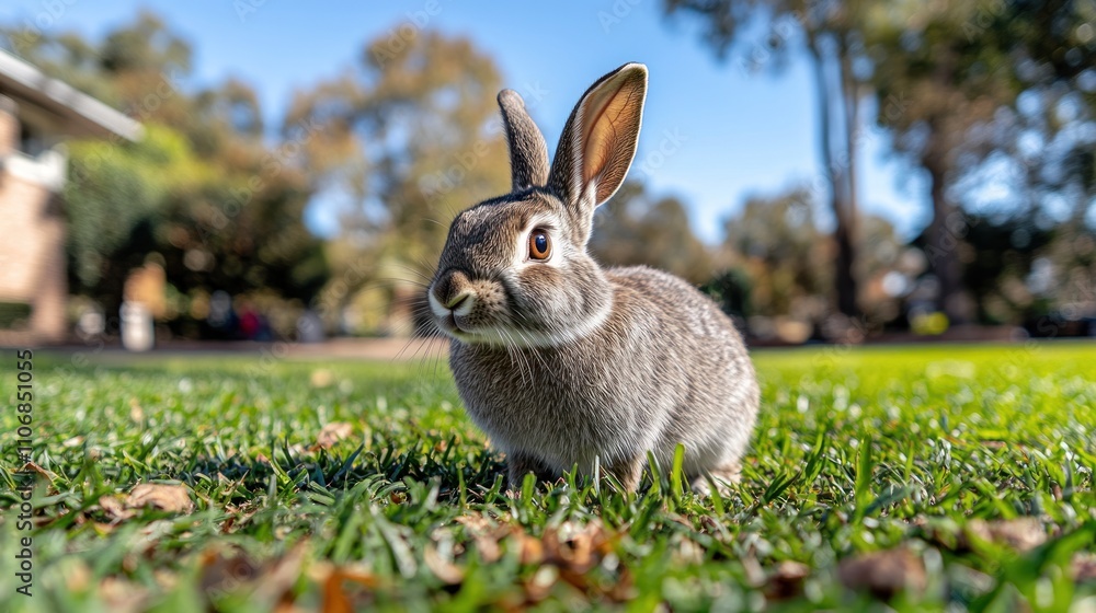 Cute rabbit sitting in a grassy park area on a sunny day. Cute rabbit sitting in a grassy park area on a sunny day.