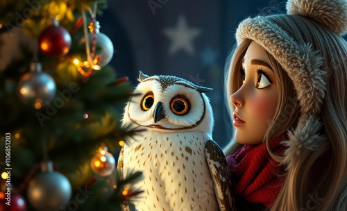 owl christmas The charming woman looking at christmas tree  animal, decoration, season, bird photo