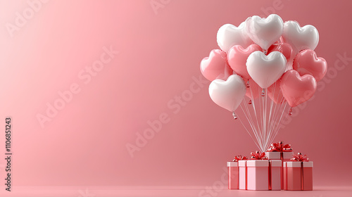 Heart shaped balloons flying with gift boxes Valentine's Day Love concept