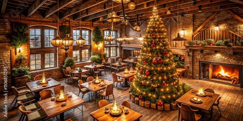 Cozy Rustic Restaurant with Festive Christmas Tree and Scandinavian Decorations in Burnt Orange Hues, Emphasizing Warm Hospitality and Seasonal Cheer