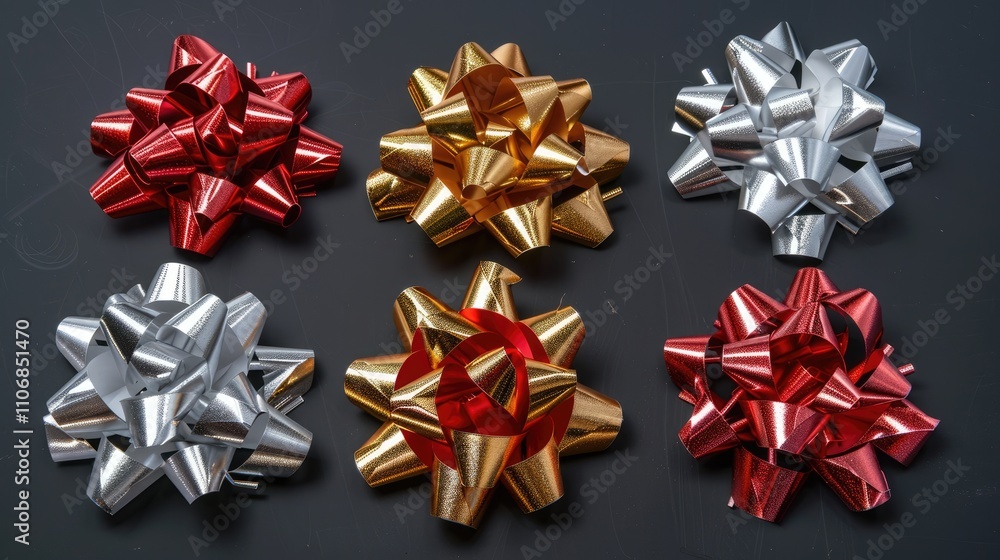 Neon metallic foil bows in red, white, gold, and silver for festive decorations Neon metallic foil bows in red, white, gold, and silver for festive decorations