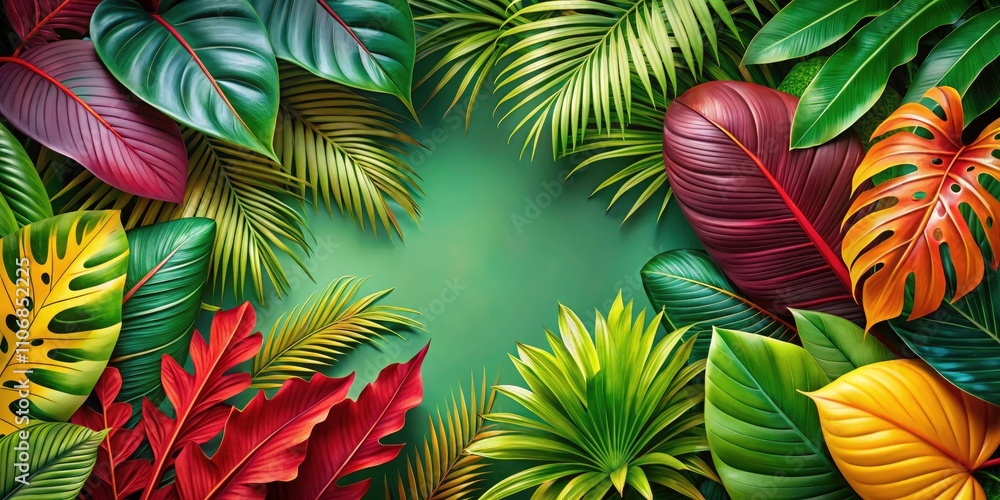 Naklejka premium Tropical Leaves Banner Isolated on Transparent Background, Fresh Tropic Plant Leaf Variety for Summer Decor, Nature Themes, and Graphic Design Projects