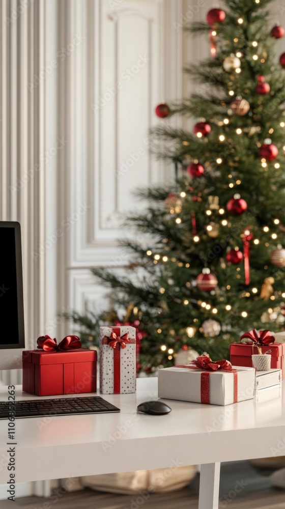 White festive office decorated for Christmas, with a pile of gifts on the desk wrapped in white and red paper with red ribbons. White festive office decorated for Christmas, with a pile of gifts on the desk wrapped in white and red paper with red ribbons.