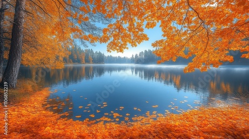 Serene autumn landscape with vibrant orange leaves reflecting on a calm lake.