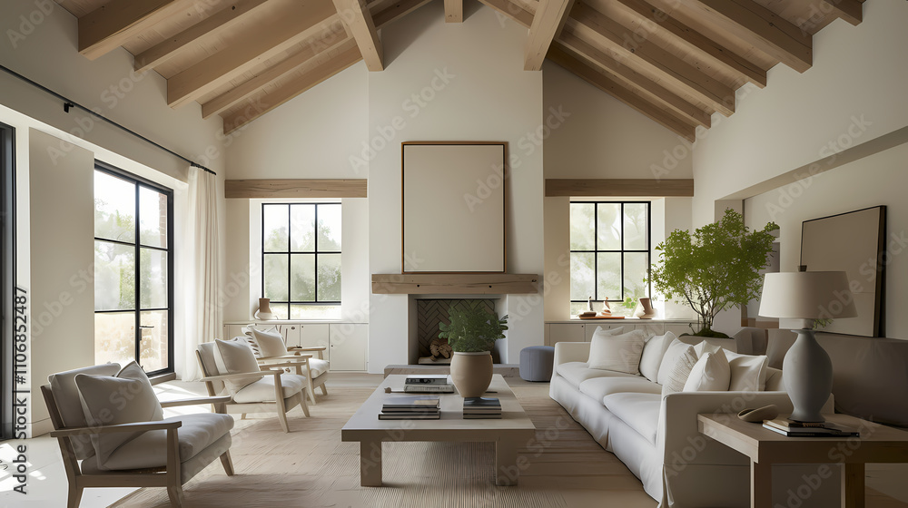 Fototapeta premium Modern farmhouse living room,Simple furniture in light oak, a large rectangular fireplace, and a large piece of art above the sofa. Modern lighting fixtures, clean lines, natural materials,