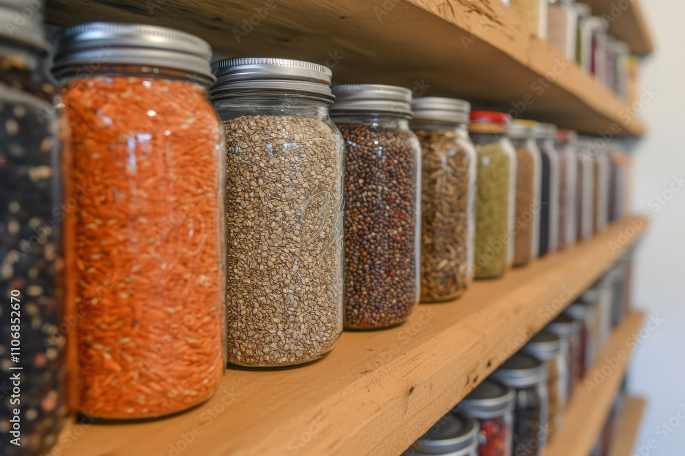 A shelf full of glass jars with various colored grains and spices A shelf full of glass jars with various colored grains and spices