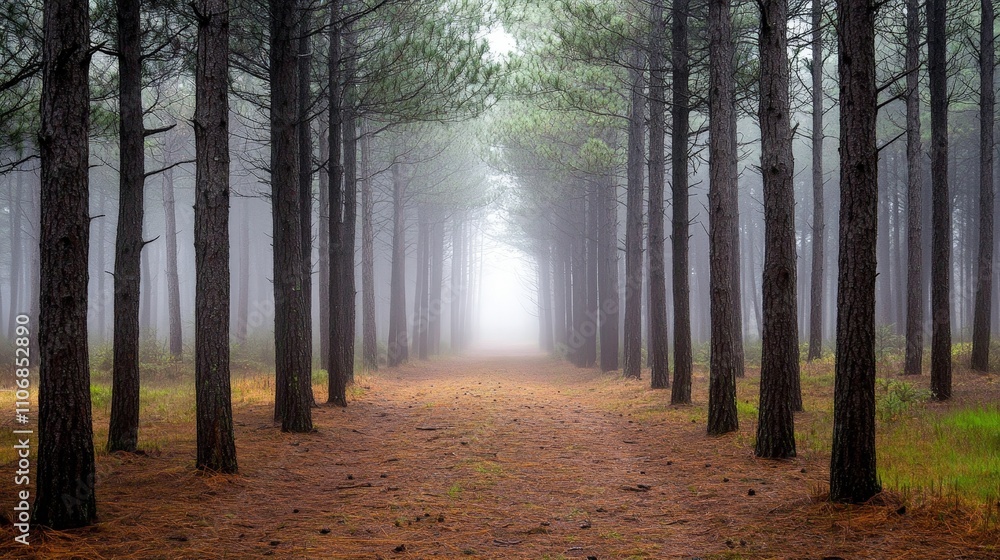 Fototapeta premium A moody forest landscape with fog rolling between tall pine trees