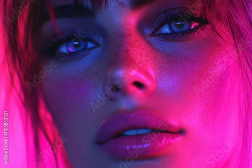 A woman with blue eyes and red hair is shown with a pinkish glow