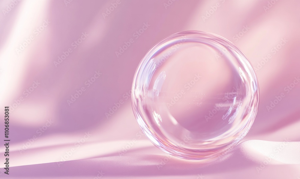 Transparent glass sphere on pink pastel background with soft lighting Transparent glass sphere on pink pastel background with soft lighting
