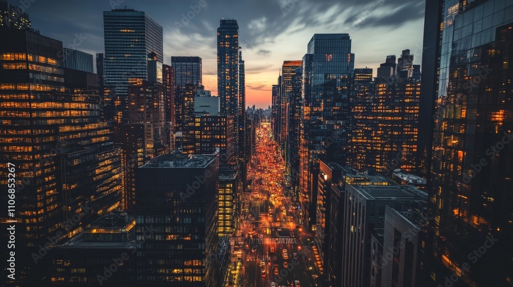 Obraz premium A night view of a city skyline with high-rise buildings, street lights, and bustling nightlife
