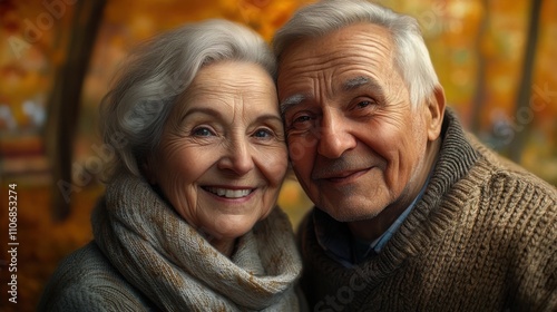 elderly couple, both with radiant smiles, the woman wearing a light scarf and the man in a cozy sweater