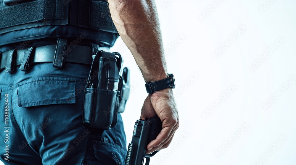 A close-up of a law enforcement officer holding a firearm. A close-up of a law enforcement officer holding a firearm.