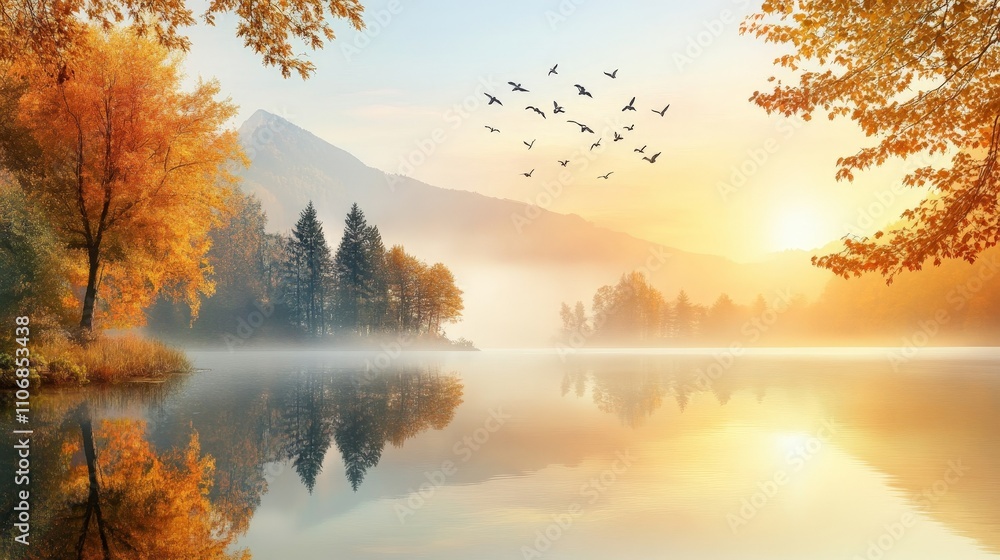 Fototapeta premium A peaceful autumn sunrise over a misty lake, with trees reflected in the calm water