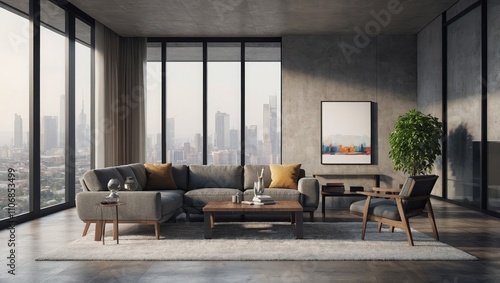 Interior with blank poster on wall, modern furniture, city view through windows