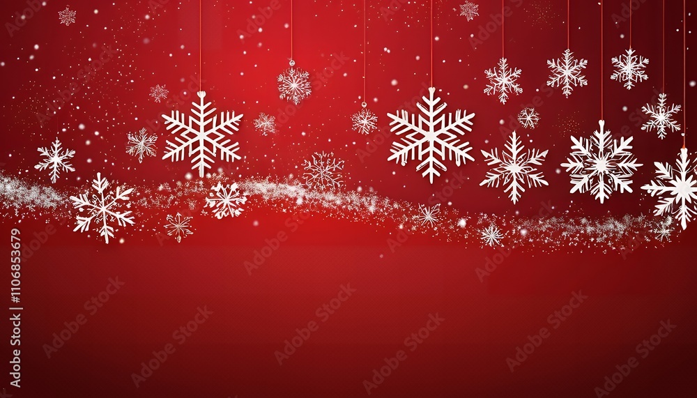 A Festive Christmas Background with Hanging Snowflakes and Sparkling Dust on a Red Backdrop A Festive Christmas Background with Hanging Snowflakes and Sparkling Dust on a Red Backdrop