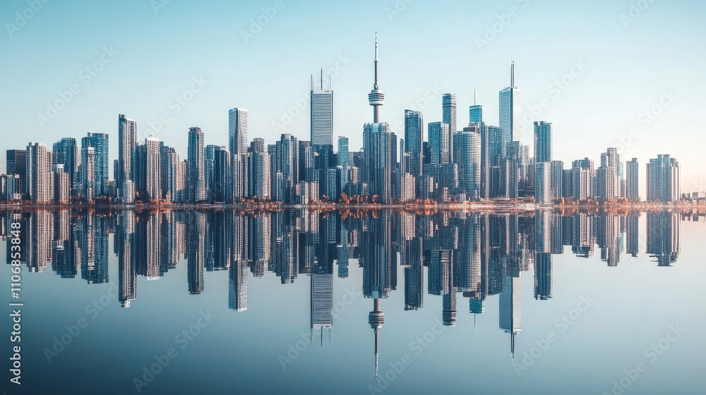 Naklejka premium A perfectly symmetrical reflection photo of a city skyline on water