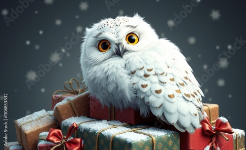 owl christmas Snowy owl resting on pile of wrapped gifts vintage illustration isolated on a transparent background  animal, decoration, season, bird photo