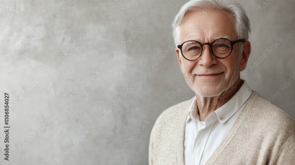 portrait of a sophisticated elderly man with silver hair, wearing stylish round glasses portrait of a sophisticated elderly man with silver hair, wearing stylish round glasses