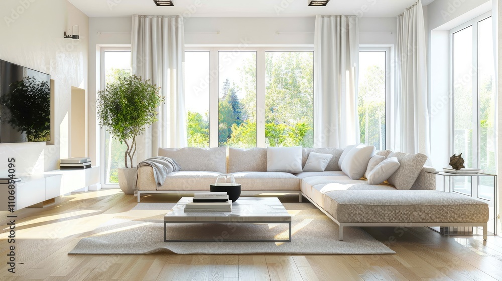 Fototapeta premium Bright living room with large windows, white curtains, beige furniture, modern decor