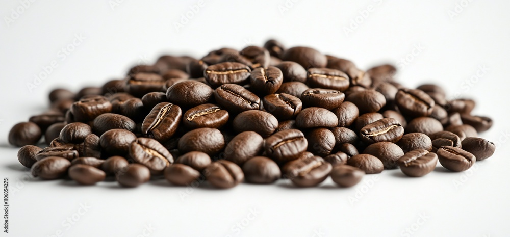 A close-up of roasted coffee beans piled on a white surface. A close-up of roasted coffee beans piled on a white surface.