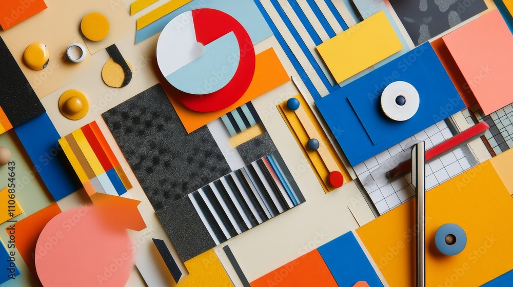 Obraz premium A playful flat lay of stationery items arranged in a geometric pattern