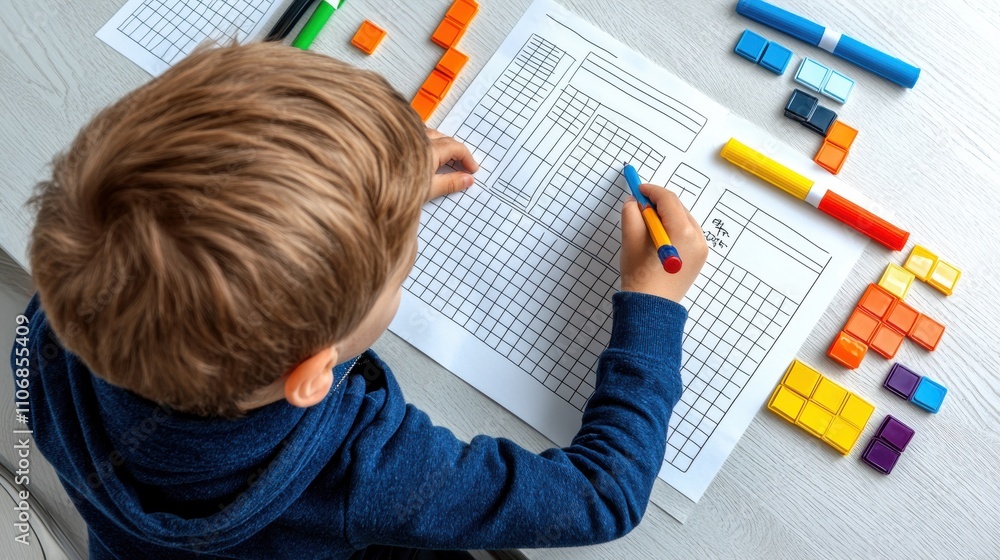 A child is focused on solving a puzzle on paper, surrounded by colorful learning blocks and markers, promoting hands-on learning and creativity. A child is focused on solving a puzzle on paper, surrounded by colorful learning blocks and markers, promoting hands-on learning and creativity.