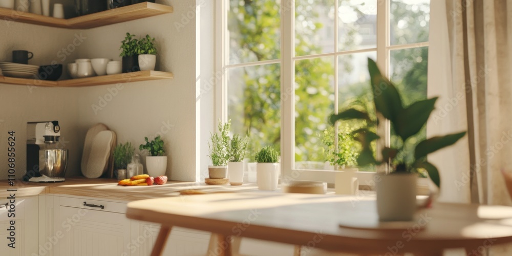 Fototapeta premium Cozy kitchen with natural lighting, houseplants, and wooden shelves