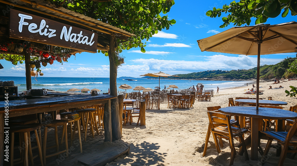 Rustic Wooden Feliz Natal Signs on Tropical Beaches with Ocean View Rustic Wooden Feliz Natal Signs on Tropical Beaches with Ocean View