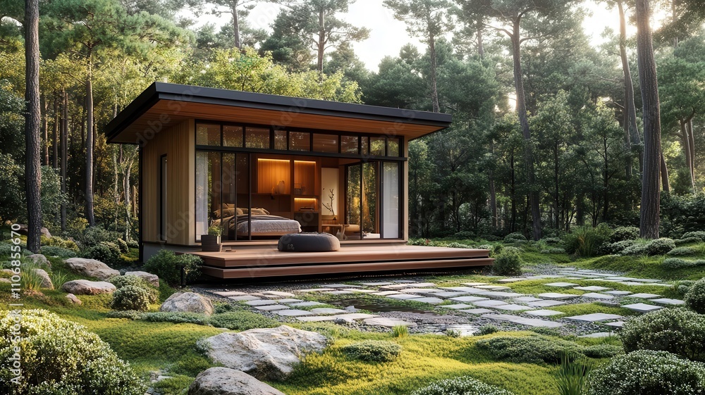 Tiny home surrounded by a Japanese Zen garden, serene living concept Tiny home surrounded by a Japanese Zen garden, serene living concept