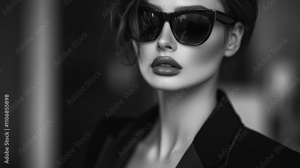 Sexy elegant black and white portrait of young beautiful woman in black deep v neck jacket and dark sunglasses Sexy elegant black and white portrait of young beautiful woman in black deep v neck jacket and dark sunglasses