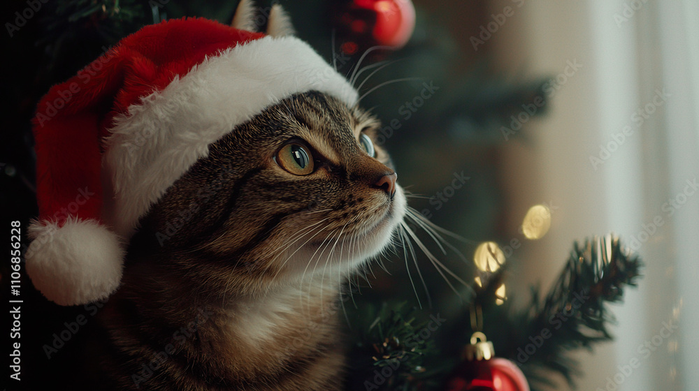 Adorable cat wearing a Santa hat kitten with Christmas New Year celebration Adorable cat wearing a Santa hat kitten with Christmas New Year celebration